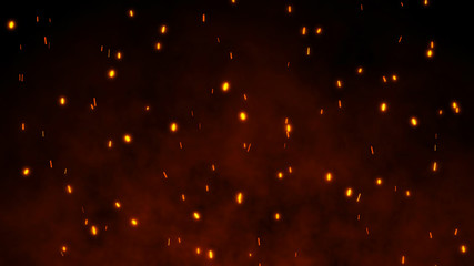Flying fire sparks. Glowing particles. Abstract background. Bonfire. 3D rendering.