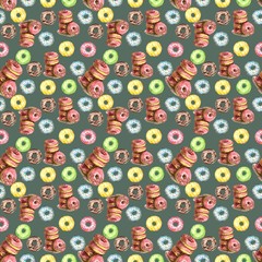 Seamless pattern of donuts, filled with pink, blue, green, chocolate and yellow icing and sprinkled with colorful splashes on a gray background