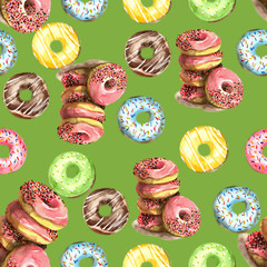 Seamless pattern of donuts, filled with pink, blue, green, chocolate and yellow icing and sprinkled with colorful splashes on a gray background