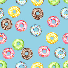 Seamless pattern of donuts, filled with pink, blue, green, chocolate and yellow icing and sprinkled with colorful splashes on a gray background