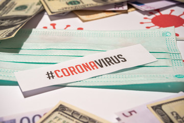 Corona virus impact on American economy and European economy crisis concept, banknotes with medical mask