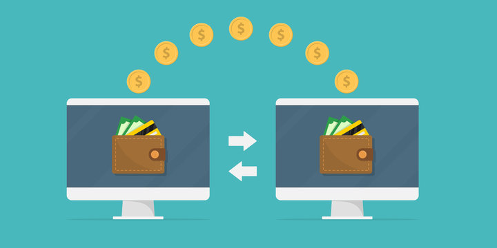 Money transfer. Two monitors with wallets on screen and transferred gold coins. Send money online, remittance, online payment, digital wallet, payment app concepts.