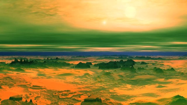 Alien Sunset and Clouds. Thick clouds hang over the rocky desert. A bright yellow sun sets above the clouds. On the dark sky bright stars and nebula.