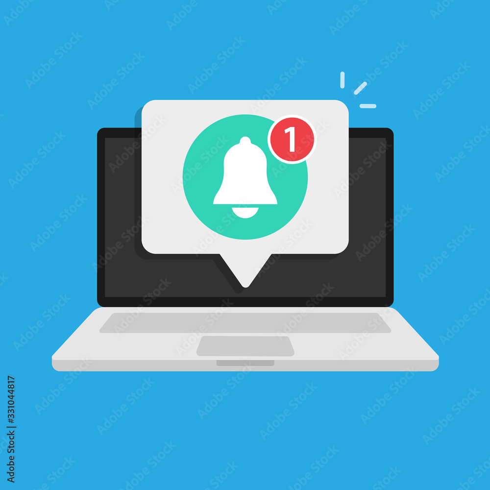 Poster notification bell vector icon on laptop screen. messages for incoming inbox.