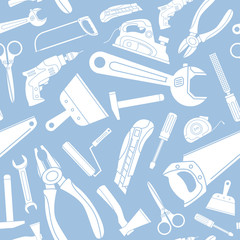 Work tool - Vector background (seamless pattern) of silhouettes hammer, wrench, screwdriver, pliers, spanner, drill, axe and knife for graphic design