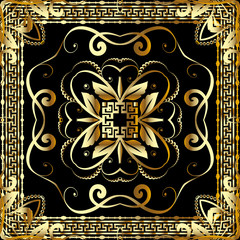 Vintage floral greek vector seamless pattern. Greek key meanders ornament. Damask beautiful background. Vintage gold baroque patterns. Square frame, flowers, leaves. Ornamental elegant ornate design