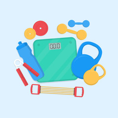 Different equipment for the gym. Scales, dumbbells, weights and other tools for powerlifting or bodybuilding.