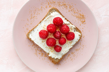 Toasted bread with fresh cheese and strawberries
