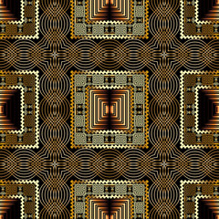 Gold 3d plaid vector seamless pattern. Greek style abstract lines tartan background. Modern repeat geometric backdrop. Greek key meanders golden ornament. Square tribal frames, wavy lines, borders
