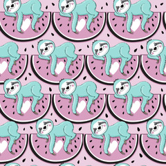Cute funny sloths and watermellon on a pink background seamless pattern