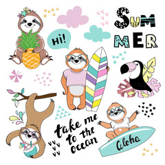 Cute summer sloth collection and toucan on white background © Lucky Project