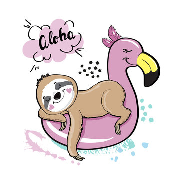Cute sloth rests on a pink flamingo on a white background