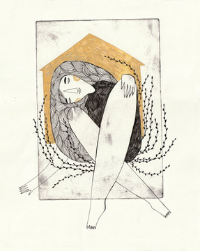Woman resting inside or in front of a golden house