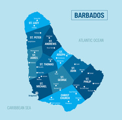 Barbados political map. Barbados island with isolated provinces, departments and cities. Vector illustration. - obrazy, fototapety, plakaty