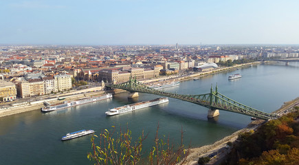 Fototapeta na wymiar Budapest city from Gellert Hill - Danube river and Liberty Bridge/ October 2018