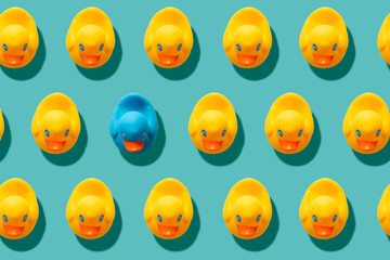 yellow rubber ducks on turquoise blue background one duck different - obrazy, fototapety, plakaty