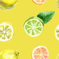 Papier Peint photo autocollant Citrons Tranches de citrons d& 39 agrumes de modèle sans couture et fruits entiers