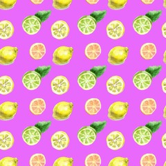 Seamless pattern citrus lemons slices and whole fruits
