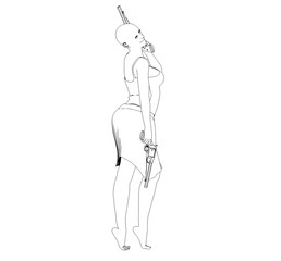warrior woman character, 3D illustration, sketch, outline