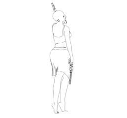 warrior woman character, 3D illustration, sketch, outline