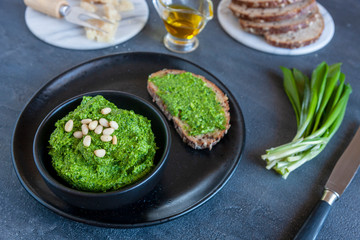  Fresh homemade wild garlic pesto made with Bear Leek herbs,  delicious savory sauce for Italian pasta and ingredients for its cooking
