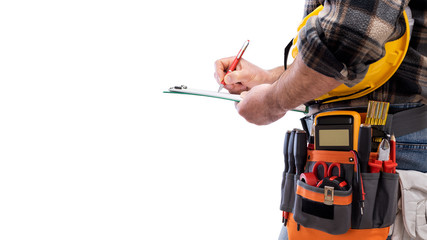 Electrician with tool belt on a white background. Electricity. - obrazy, fototapety, plakaty