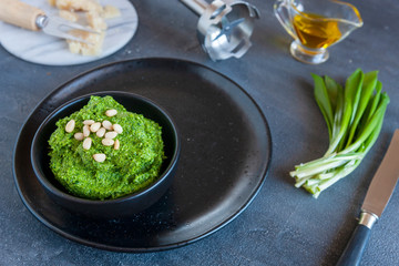  Fresh homemade wild garlic pesto made with Bear Leek herbs,  delicious savory sauce for Italian pasta and ingredients for its cooking