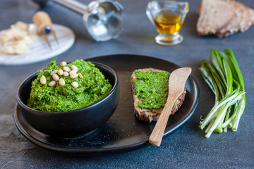  Fresh homemade wild garlic pesto made with Bear Leek herbs,  delicious savory sauce for Italian pasta and ingredients for its cooking