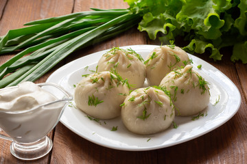 Khinkali with meat. The Georgian dumplings. Still-life.