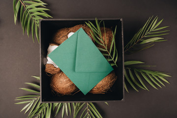 Pile of coconuts, tropical fruits background 