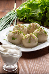 Khinkali with meat. The Georgian dumplings. Still-life.