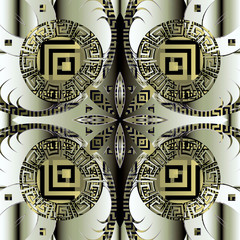 Fototapeta na wymiar Greek modern 3d abstract seamless pattern. Vector ornamental geometric green background. Repeat colorful backdrop. Symmetrical floral ornament. Greek key meanders, shapes, flowers. Gradient design