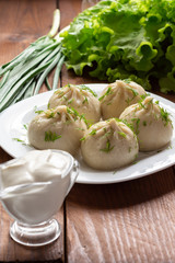 Khinkali with meat. The Georgian dumplings. Still-life.