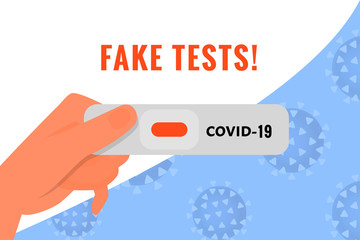 Human hand holds Test for coronavirus 2019. Fake test text. On blue gradient background, flat vector illustration.
