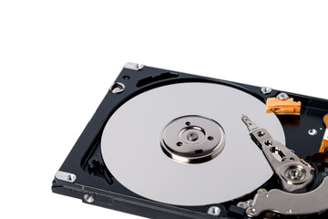 Disassembled hard drive from the computer on white background. Hdd pc repair service concept. 