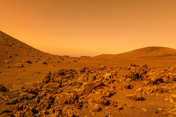 Landscape on planet Mars , desert and mountains on red planet