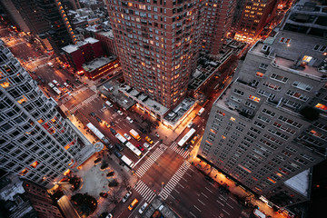 New York city view from top on streets, night lights and traffic 