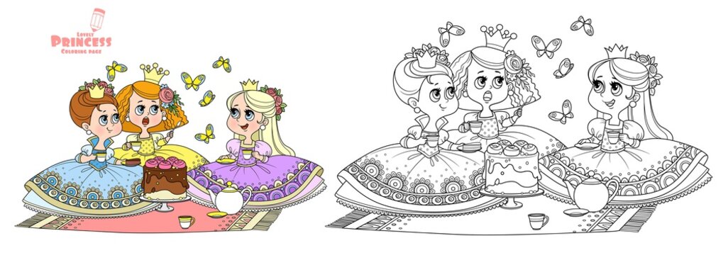 Three cute princesses sitting on the bedspread and having tea party outlined and color for coloring book