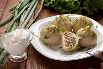 Khinkali with meat. The Georgian dumplings. Still-life.