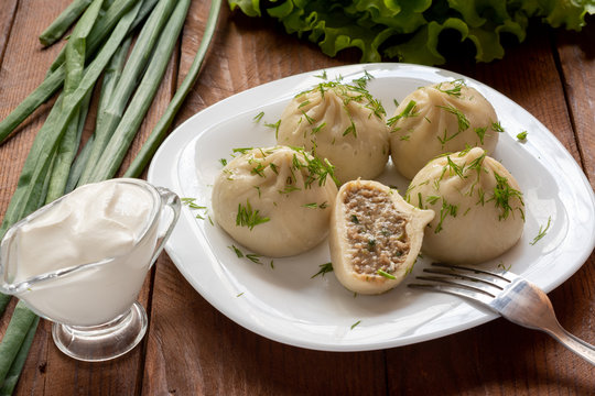 Khinkali with meat. The Georgian dumplings. Still-life.