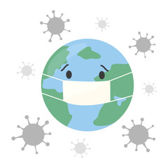 Coronavirus Epidemic (2019-nCoV). Sad Planet Earth in white medical mask. Flat style Earth character. Childish vector concept of coronavirus quarantine.