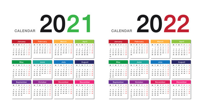 Year 2021 and Year 2022 calendar horizontal vector design template, simple and clean design. Calendar for 2021 and 2022 on White Background for organization and business. Week Starts Monday.