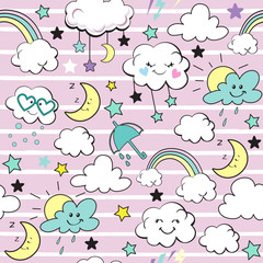 Cute clouds and stars on a pink background seamless pattern