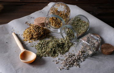 Homemade apothecary. Natural herbs medicinal. Dried herbs in glass jars.