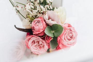 Beautiful spring bouquet with pink and white tender flowers