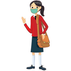 Chinese student girl with a protective mask waving to us