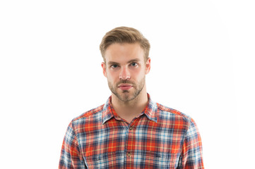 Fototapeta premium Looking handsome naturally. Handsome man with unshaven face isolated on white. Handsome look of young guy. Mens grooming. Skincare. Casual fashion style. Handsome and attractive