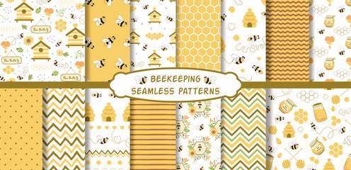 Apiary beekeeping seamless patterns set Organic honey making background collection Vector bee wallpaper - obrazy, fototapety, plakaty