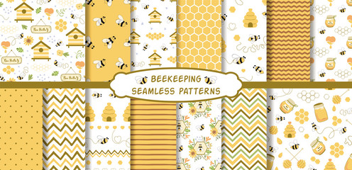 Stoffe zum Nähen Apiary beekeeping seamless patterns set Organic honey making background collection Vector bee wallpaper