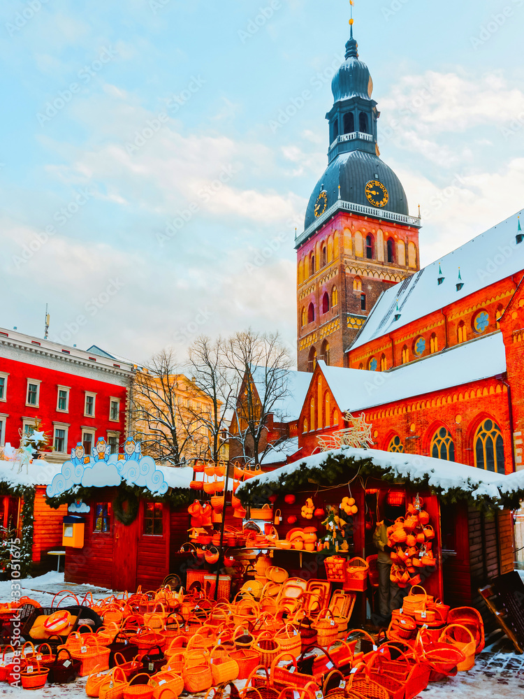 Sticker People Christmas market Dome Square straw baskets stalls snow Riga reflex